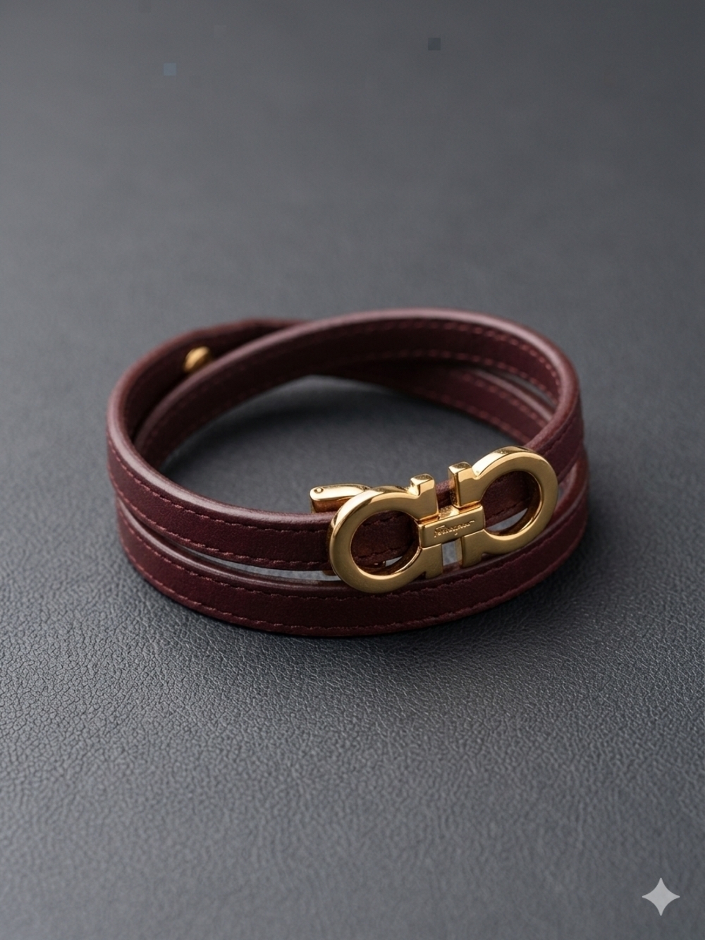 Salvatore Ferragamo Burgundy Leather Double-Wrap Bracelet with Gold Gancini